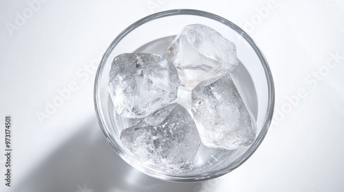 Clear ice cubes in a glass of water on a simple white surface, capturing a refreshing and cool drink experience