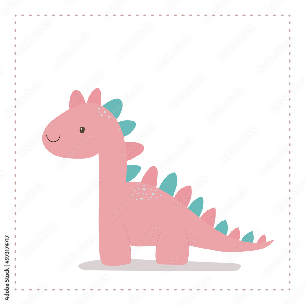 Cute pink cartoon dinosaur with blue spikes in a simple, colorful design on a white background, perfect for children's decor and illustrations Cute pink cartoon dinosaur with blue spikes in a simple, colorful design on a white background, perfect for children's decor and illustrations