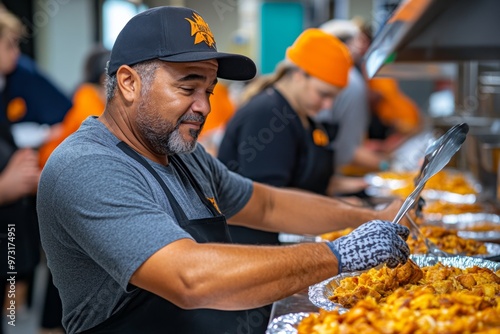 A Thanksgiving volunteer event, with people serving meals to those in need at a local shelter photo