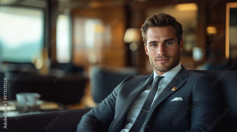 Young Man in a Smart Grey Suit Sitting in a Boardroom, Smiling at the Camera Young Man in a Smart Grey Suit Sitting in a Boardroom, Smiling at the Camera