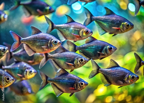 Vibrant black skirt tetra fish swim together in a coordinated school, their iridescent scales shimmering in the light, against a subtle blurred aquatic background. photo