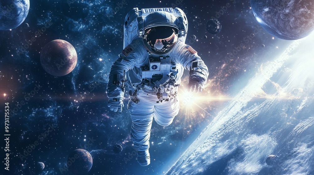 Fototapeta premium Astronaut in outer space against the background of an explosion and space objects