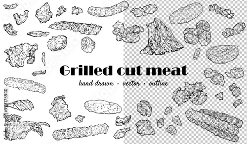 Hand drawn vector grilled meat ingredients for sandwich, burger, shawarma, kebap. Outline easy to adapt and use in print and online designs. 