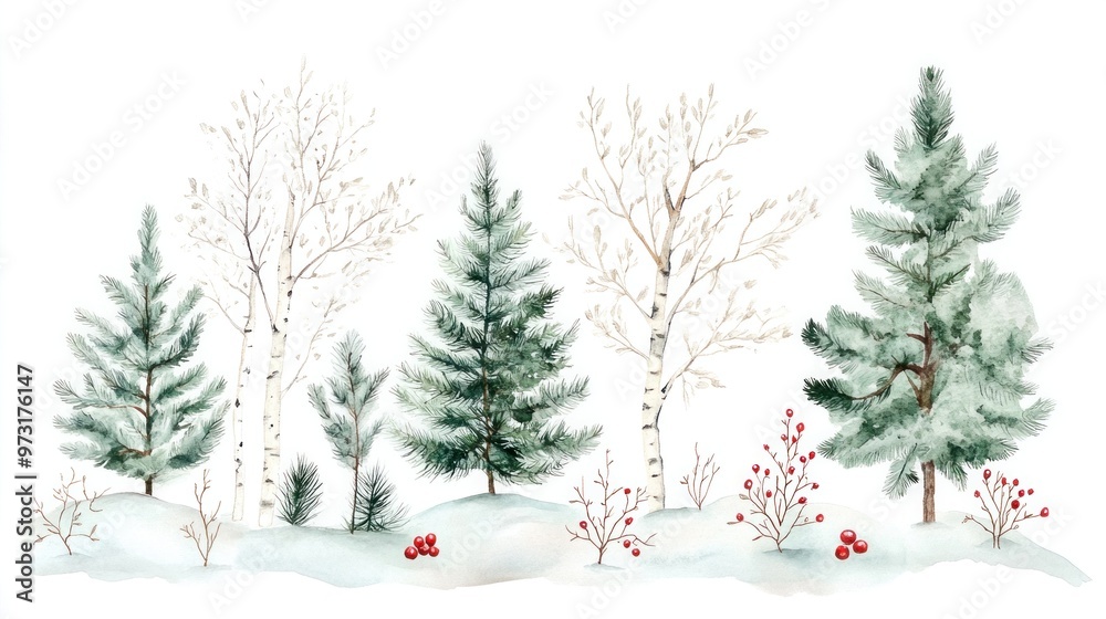 Obraz premium Scandinavian winter watercolor scene with birch and pine trees.