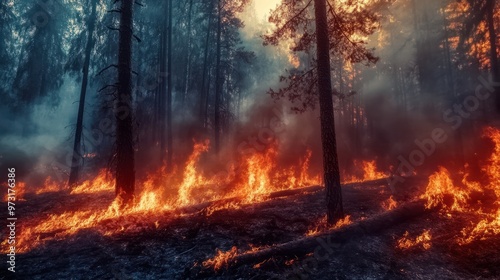 Forest fire. fallen tree is burned to the ground a lot of smoke when wildfire