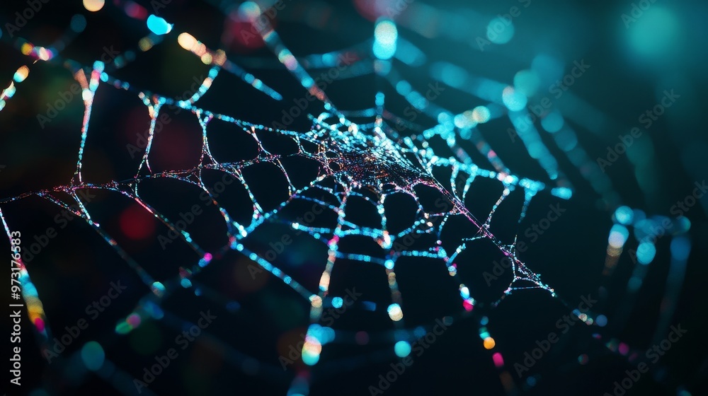 Obraz premium 3D animation of a detailed spider web with shiny drops and lighting effects