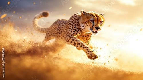 A dynamic illustration of a cheetah sprinting across a savanna, highlighting the lightning fast speed of its stride.