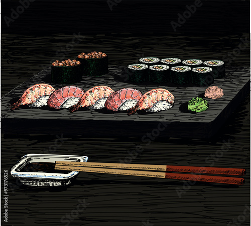 luxury sushi dinner on big lava plate dark delicious food asian japanees restaurant dish draw linear illustration isolated on white background