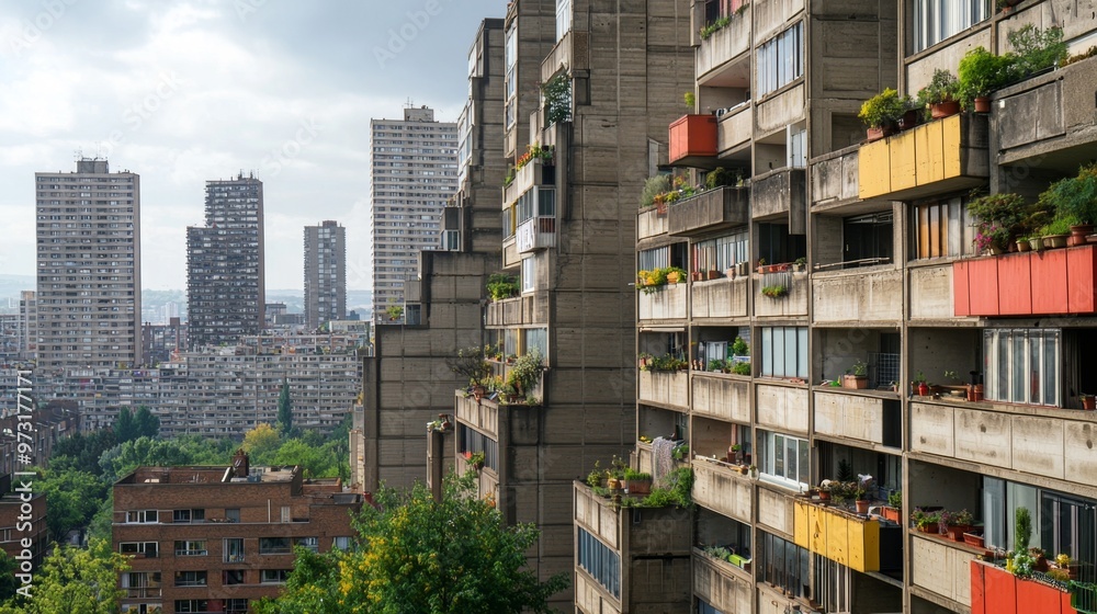 Fototapeta premium A cityscape with multiple Neo Brutalist structures, featuring massive concrete blocks, minimalistic facades, and bold architectural lines