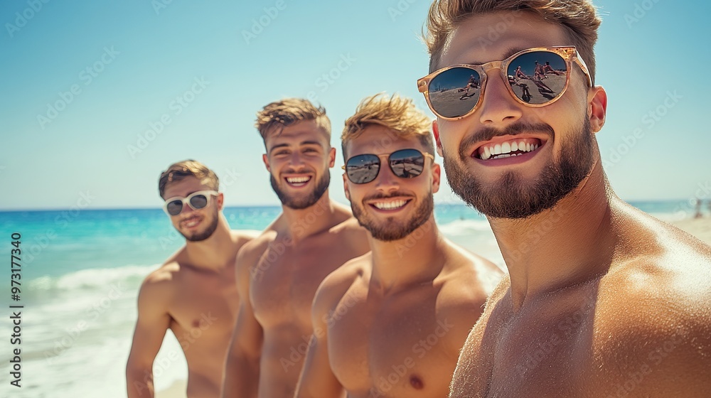 beautiful group of young men on the beach beautiful group of young men on the beach