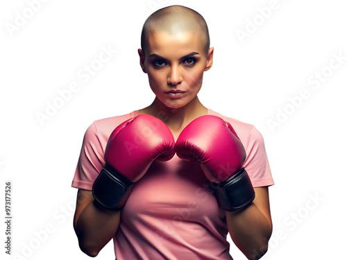 A Warrior Woman with a shaved bare head wearing Boxing Gloves, Breast Cancer Awareness
 photo