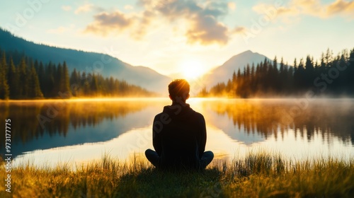 A serene scene of a person sitting by a lake, enjoying the quiet and stillness of the surrounding nature.