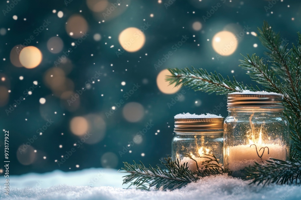 Mini Jar Ornaments With A Sprig Of Evergreen Tree In A Snowy Winter Night - Christmas, New Year And Winter Background with generative ai Mini Jar Ornaments With A Sprig Of Evergreen Tree In A Snowy Winter Night - Christmas, New Year And Winter Background with generative ai
