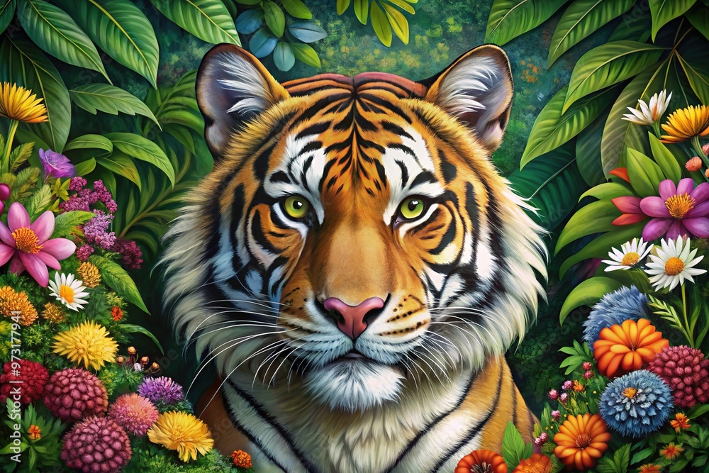 Vibrant illustration of a majestic tiger's face amidst blooming flowers and lush greenery, perfect for coloring books, educational materials, or wildlife-themed designs. Vibrant illustration of a majestic tiger's face amidst blooming flowers and lush greenery, perfect for coloring books, educational materials, or wildlife-themed designs.