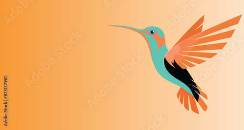 a colourful bird flying in the air on an orange background