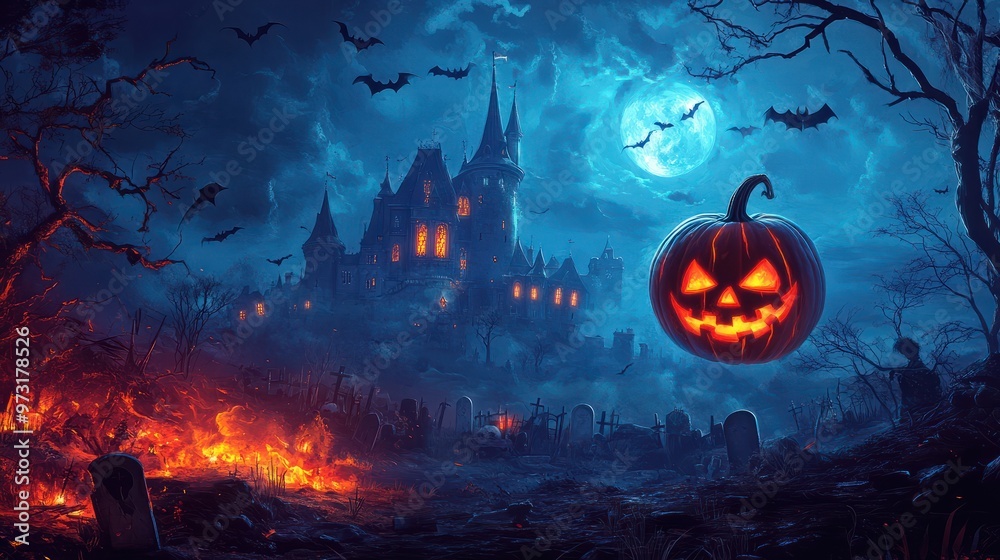 Halloween night scene background with castle with halloween pumpkin within flames in the graveyard and bats in the night, AI Generation