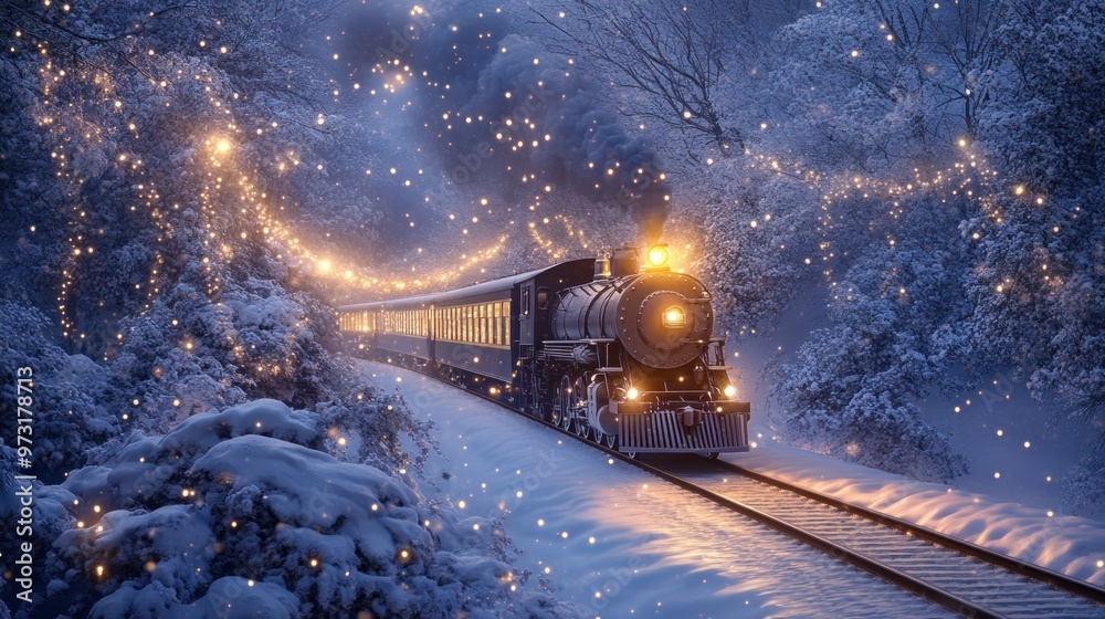 Polar Express illustration on snow-covered tracks, with twinkling lights and holiday adventure. Polar Express illustration on snow-covered tracks, with twinkling lights and holiday adventure.