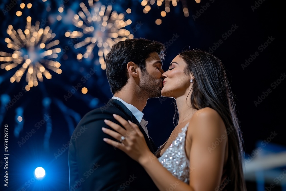 A couple sharing a New Year’s kiss at midnight, under a sky filled with fireworks, celebrating the arrival of 2025 A couple sharing a New Year’s kiss at midnight, under a sky filled with fireworks, celebrating the arrival of 2025