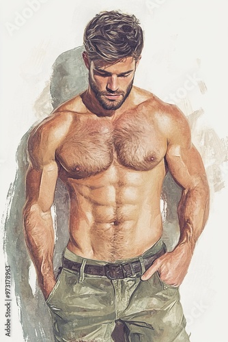 Handsome guy posing as a painted picture, muscular and beautiful model guy