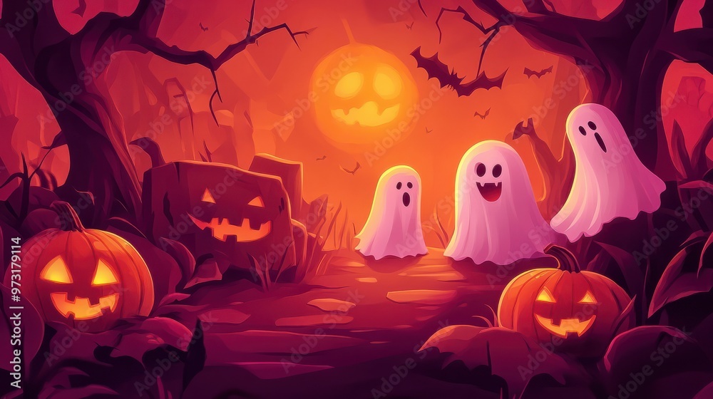 Fototapeta premium halloween themed cartoon background with pumpkins, creepy ghosts, and witches, in the style of dark pink and orange