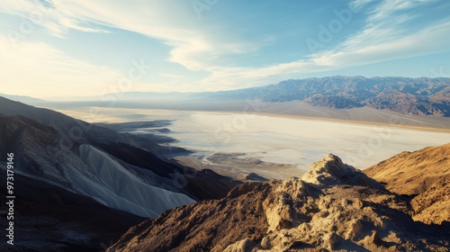 Breathtaking view of Death Valley's vast salt flats during golden hour at sunset, capturing the rugged terrain and distant mountains