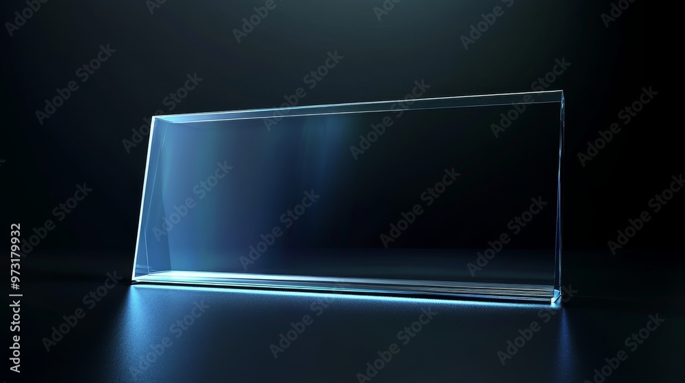 Transparent 3d glass block illuminated by soft blue lights, creating a minimalistic and futuristic design Transparent 3d glass block illuminated by soft blue lights, creating a minimalistic and futuristic design