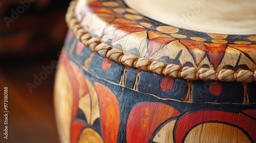 Handcrafted decorative drum featuring intricate patterns and vibrant colors displayed on a wooden surface