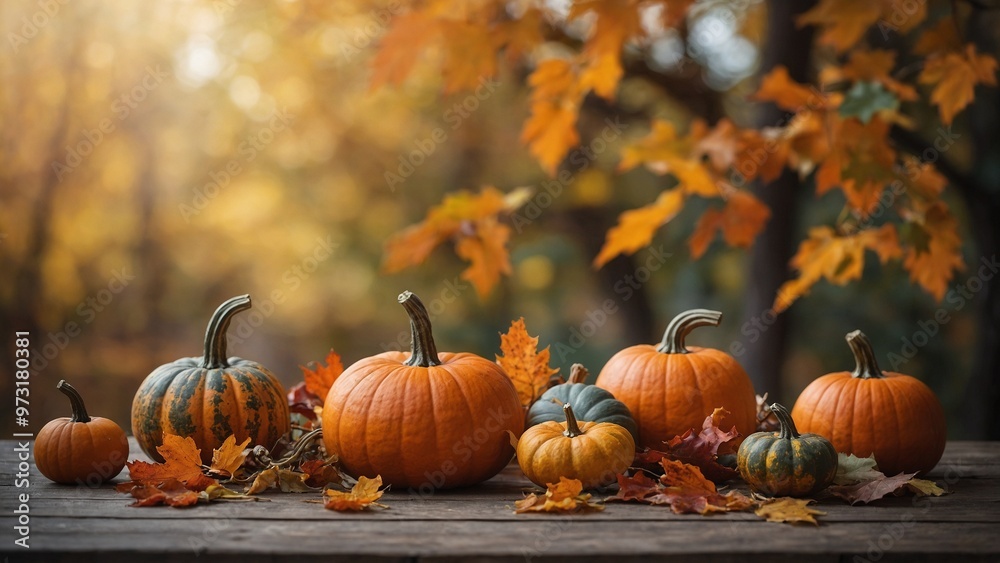 Rustic wood board table with pumpkins, leaves, and fall trees autumn background Rustic wood board table with pumpkins, leaves, and fall trees autumn background