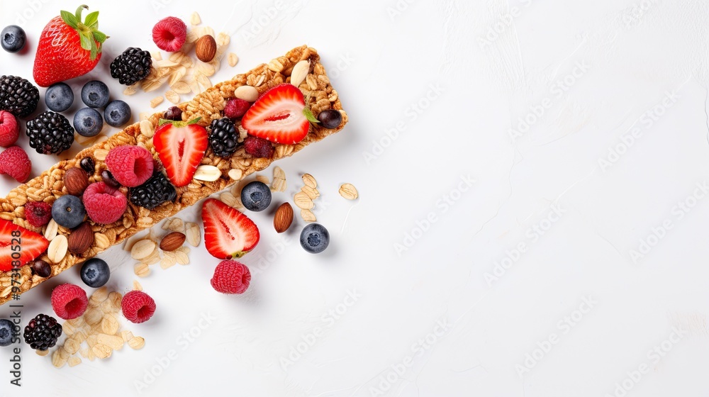 granola bar, healthy sweet snack, top view on white table background granola bar, healthy sweet snack, top view on white table background