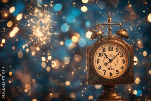 New Year "2025" - Vintage Clock Displays Countdown to Midnight on Defocused Abstract Background with Stars and Fireworks with generative ai