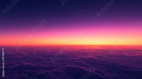 A dreamy sunset scene with a grainy gradient sky transitioning from deep oranges to soft purples, creating a warm, nostalgic feel photo