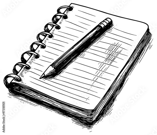 Spiral notebook and pencil sketch, in black, isolated 