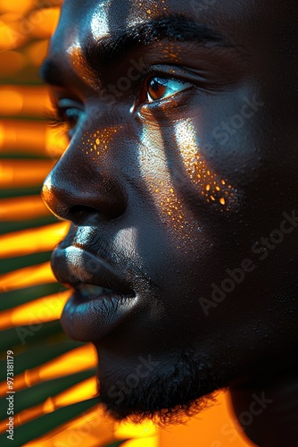 Cyberpunk lighting for a close-up portrait of a young black man, with a front-facing angle, blending half his face with a bold leopard print pattern