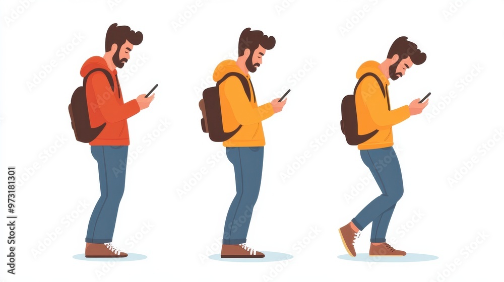 Obraz premium Young man using smartphone in various seated and standing positions, showcasing different posture habits with colorful illustration