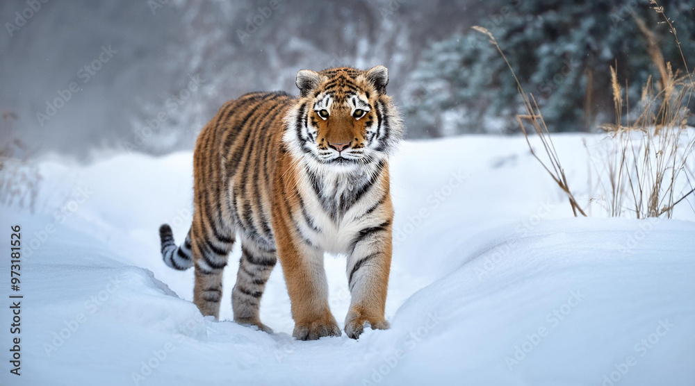 Obraz premium Tiger in wild winter nature. Amur tiger in the snow. Cold winter in tajga