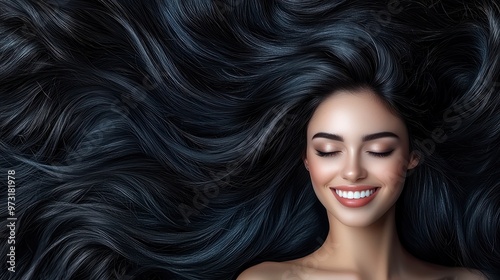 Portrait of a beautiful woman with a bright smile, hair is a beautiful black color, shampoo advertising concept Hair conditioner and cosmetic products,Generative AI