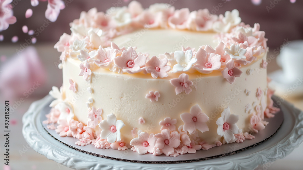 An elegant cake adorned with delicate fondant flowers in pastel tones, placed on a decorative stand An elegant cake adorned with delicate fondant flowers in pastel tones, placed on a decorative stand