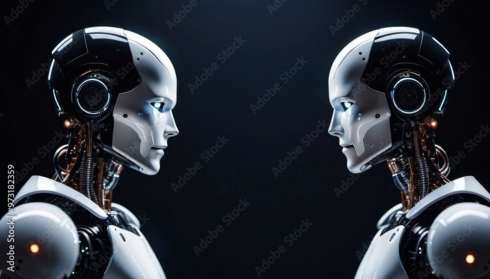 A pair of bionic robots opposite each other. future technologies. Scientific progress. Generative ai. AI A pair of bionic robots opposite each other. future technologies. Scientific progress. Generative ai. AI