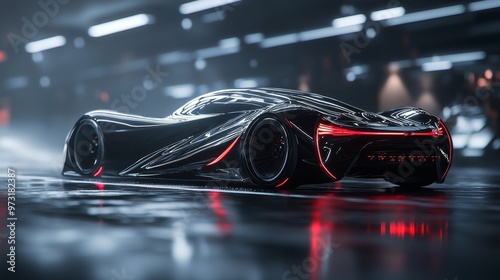 A futuristic car design rendered in 3D, showcasing sleek lines, curves, and aerodynamic features, highlighting its advanced technology