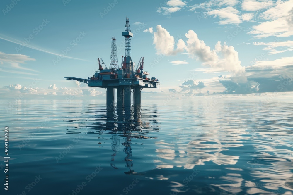 A red oil rig is floating in the ocean, generative ai image A red oil rig is floating in the ocean, generative ai image