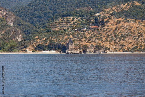 view from the sea of monastery on the Athos peninsula - Chalkidiki - Greece photo