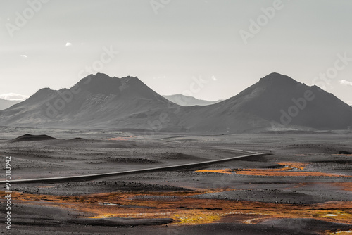 Icelandic black rock highlands with mountains in the background, a road leading to the horizon, a white sky,and some orange moss on it.