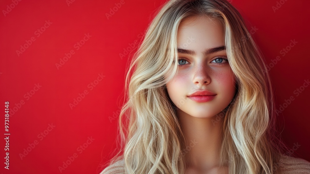 teen blonde girl on plain red background model portrait lifestyle hair skin care ad concept copy space teen blonde girl on plain red background model portrait lifestyle hair skin care ad concept copy space