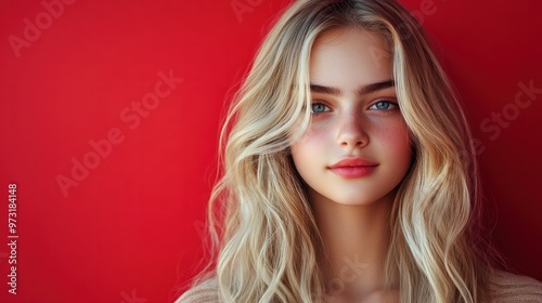 teen blonde girl on plain red background model portrait lifestyle hair skin care ad concept copy space