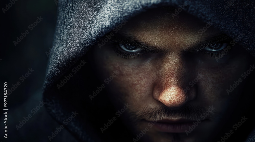 The face of the man in a hood is covered by pixels The face of the man in a hood is covered by pixels