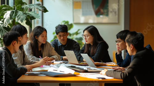 A diverse office team collaborates working on a project, showcasing teamwork and focus