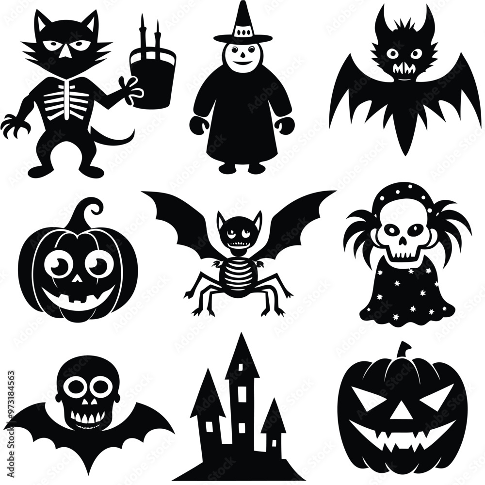 Obraz premium The shadow Collection of halloween silhouettes icon and characte. The website in the Halloween festival. Vector clipart illustration isolated on white background