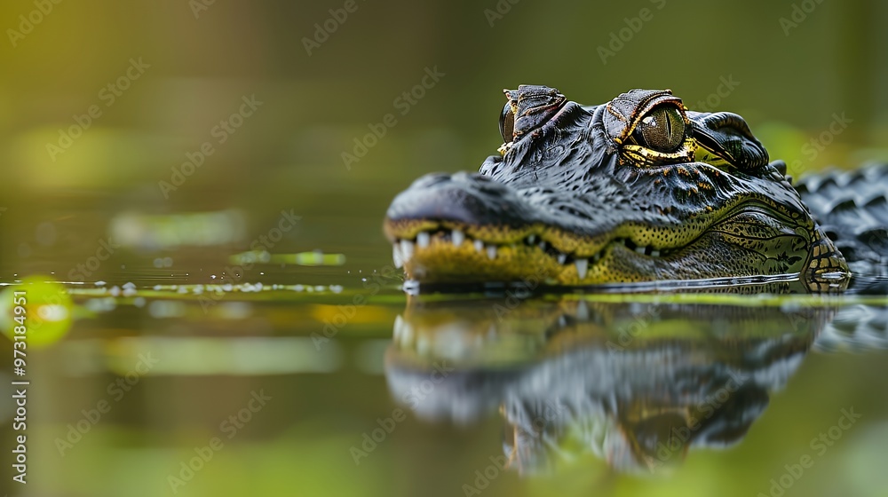 Fototapeta premium Young alligator floats quietly in calm swamp water during a bright day in a natural wetland.
