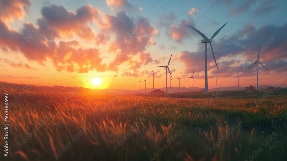 Windmill park, huge windmill generator turbines during sunset in the meadow, green technology landscape