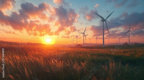 Windmill park, huge windmill generator turbines during sunset in the meadow, green technology landscape